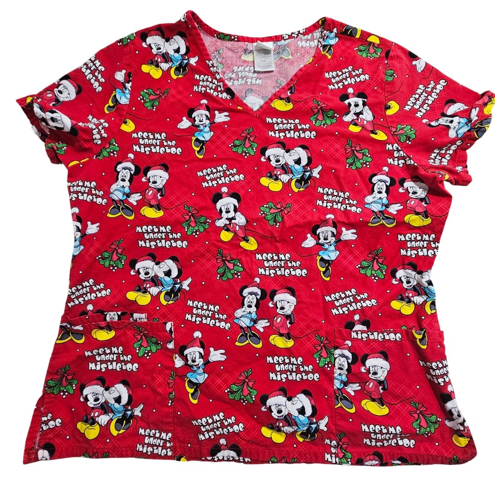 Disney Scrub Top Large Red Mickey Minnie Holiday Meet Me Under The Mistletoe